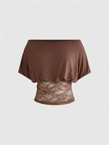 ROMWE Hippie Vintage Loose Lace Waist Design Batwing Sleeve Women T-Shirt - Brown - View 1