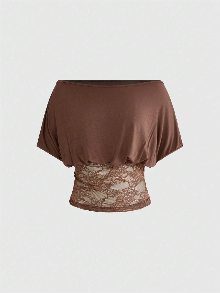 ROMWE Hippie Vintage Loose Lace Waist Design Batwing Sleeve Women T-Shirt - Brown - View 1