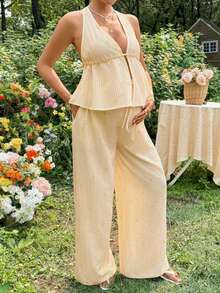 SHEIN Bộ đồ bầu 2 món kiểu dáng thường ngày, áo hai dây thắt nơ, thích hợp cho mùa hè. - Màu vàng - Xem 1