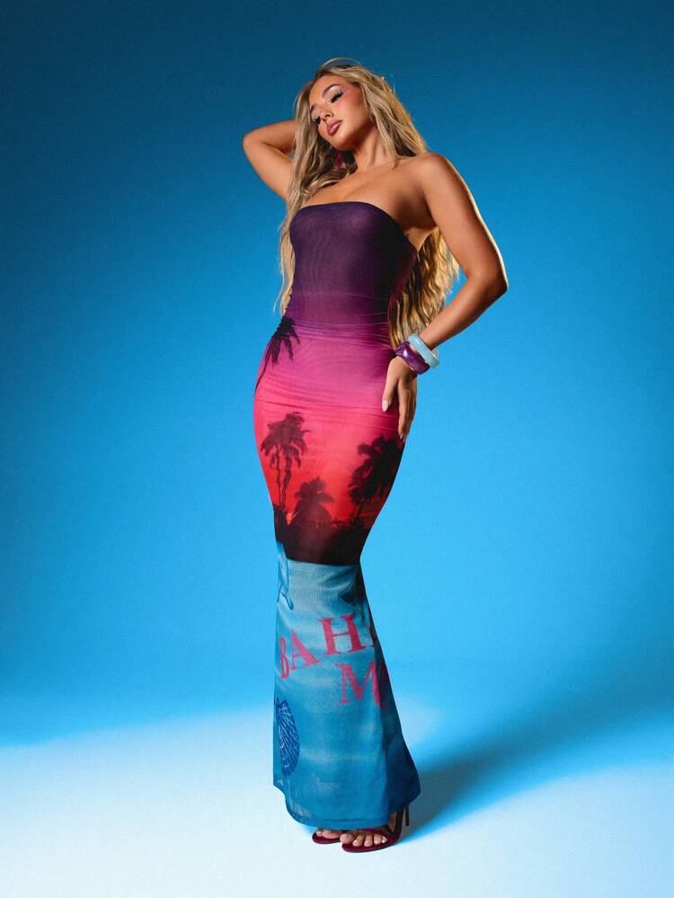 MISSGUIDED Vestido maxi sin tirantes con degradado tropical de puesta de sol, tela de malla, estampado de palmeras y gráficos de la playa de Miami
