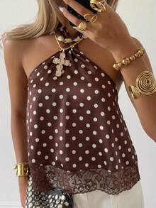 SHEIN EZwear Brown Polka Dot Satin Halter Neck Top For Women,Summer Top - Coffee Brown - View 2