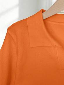 Franclia Women's Spring/Summer White Simple Casual Turndown Collar Raglan Short Sleeve Solid Color Fitted Knit Top - Orange - View 4