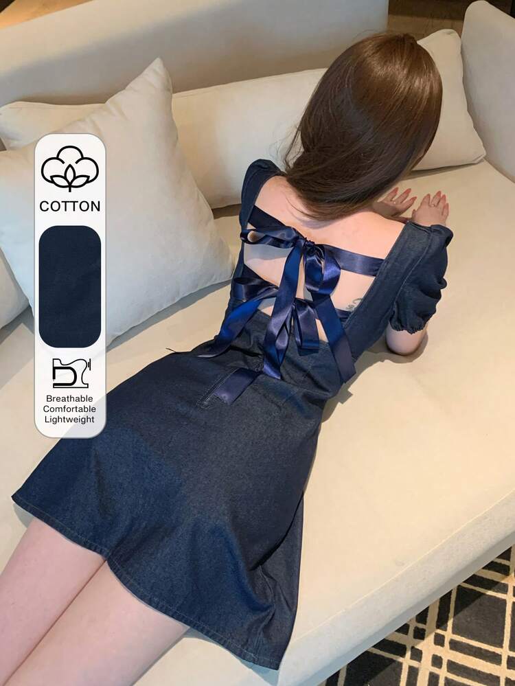 Spring & Summer Minimalist Sexy Bow Tie Strap Short Denim Dress For Women Sun Dresses For Women