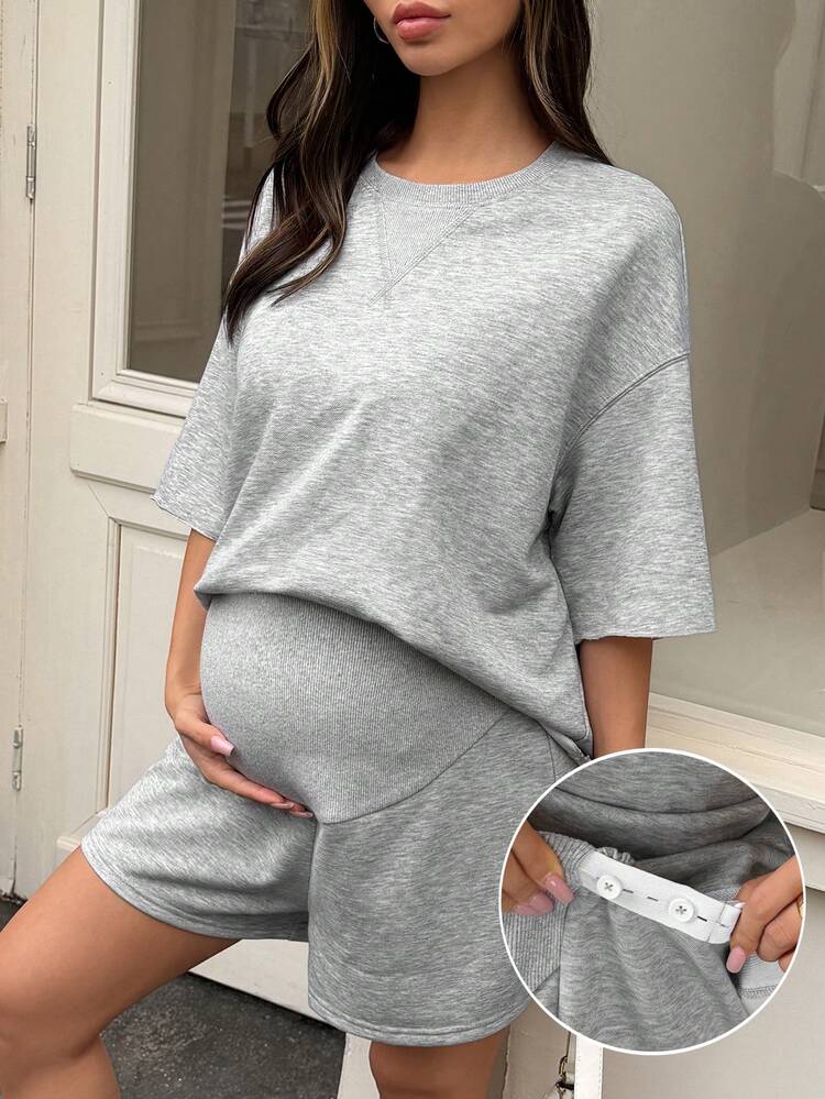 Maternity Elastic Waist Short Sleeve Top And Shorts Casual Sports Set, 2 Pieces Outfit