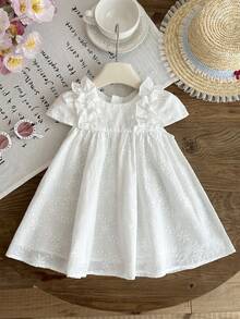 LMoss Kids Babygirl Summer Cute Solid Color Embroidered Ruffle Hem Sleeveless Dress - White - View 6