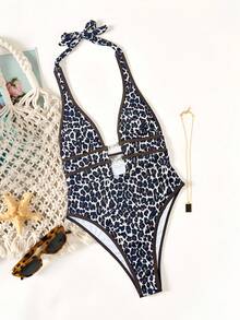 Swim Chiccia Springbreak Sexy Leopard Print Deep V Neck Halter One-Piece Swimsuit, Boho Festival - Multicolor - View 4
