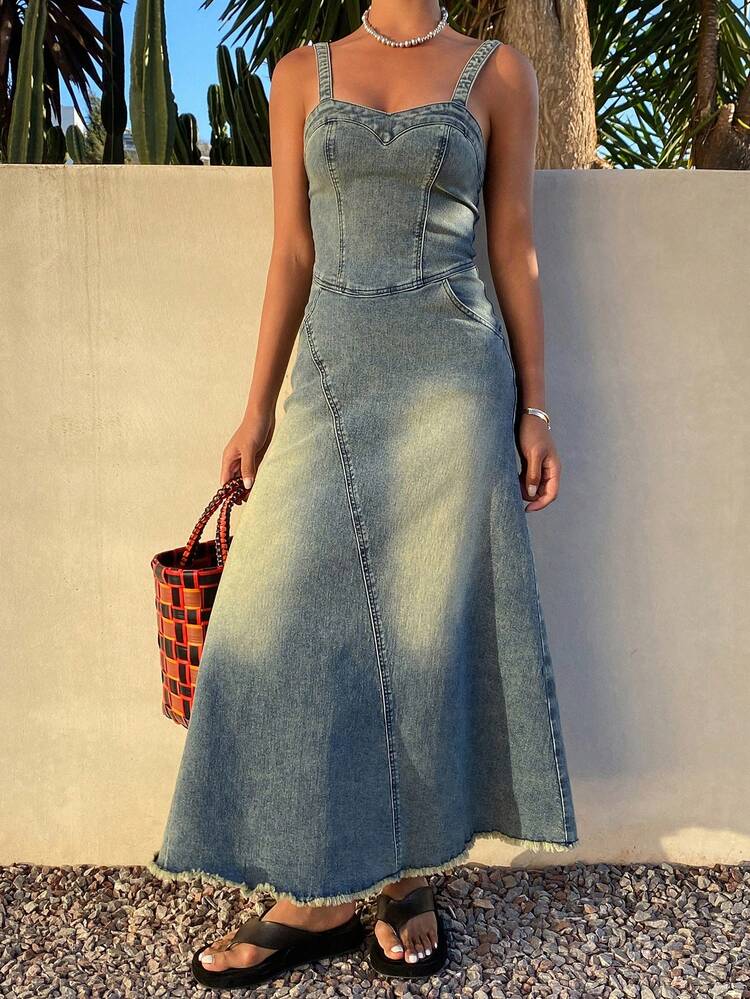 Women's Casual Distressed Washed Sleeveless Denim Dress, Summer Sun Dresses For Women