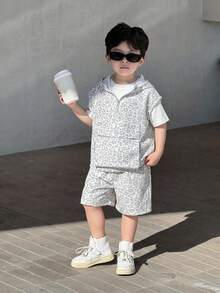 2 pezzi Set di gilet con mezza chiusura lampo e pantaloncini a stampa leopardata, stile coreano casual e comodo per bambini maschi - Bianco - Visualizzare 5