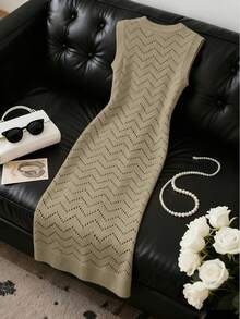 SHEIN Holidaya New Solid Color Sexy Hollow Out Beach Bikini Cover Up Knitted Dress, Swimsuit Coverup - Khaki - View 2