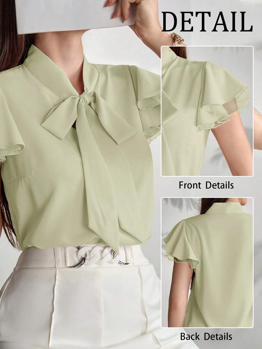 Modelyn Women's Elegant Solid Color Tie-Neck Blouse