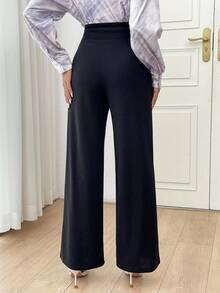 Modelyn Pantalones rectos de oficina de unicolor y diseño de botones de talle alto para mujer en otoño/invierno - Negro - Ver 3