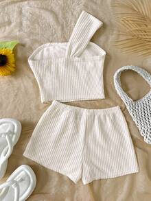 SHEIN Setelan 2 potong untuk anak perempuan usia 2-12 tahun, atasan crop top dan celana pendek bertekstur asimetris dengan detail garis-garis, warna putih gading, cocok untuk musim panas, lucu, liburan, pakaian kasual sehari-hari untuk ke pantai. - Putih - View 2