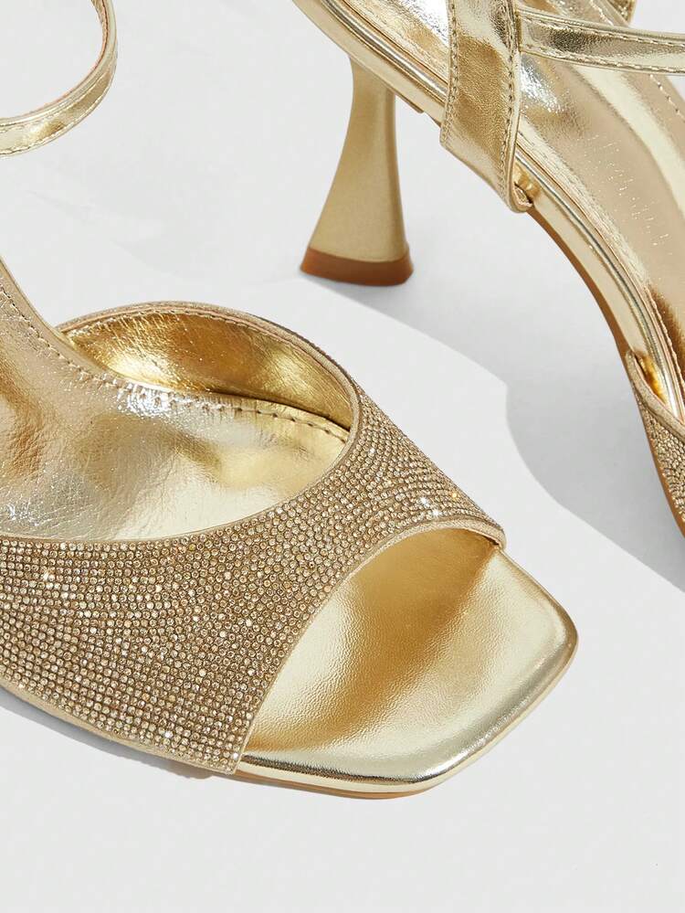 CUCCOO SZL Women Shoes Spring And Summer New Rhinestone Full Diamond Design Square Toe Thin Heel High Heel Sandals, Luxury Sparkling Metal Gold, Dinner Party Date Summer Wear Summer Shoes