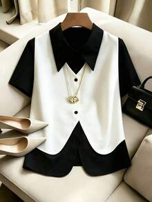 Franclia Women's Elegant Sexy Contrast Color 2 In 1 Short Sleeve Shirt, Summer Teachers' Day Golf White - Black and White - View 7