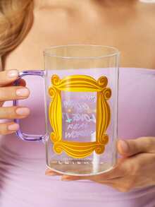 FRIENDS X SHEIN 1 Buah Mug Kaca Borosilikat Bergambar Kartun Lucu 27,1oz/800ml, Tahan Dingin dan Panas, Cocok untuk Susu, Jus, Kopi, dll., Bingkai Foto, Persahabatan, Selamat Datang di Dunia Nyata - Clear - View 6
