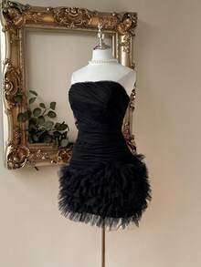 Lovelzi Elegant & Luxurious Black Mesh Handmade Ruffle Decor Bustier Bubble Hem Bodycon Mini Party Dress - Black - View 3