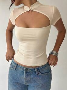Aloruh Women's Mesh Patchwork Chinese Style Hollow Out Button T-Shirt,Summer Top - Beige - View 6