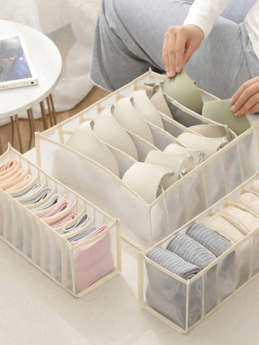1/3件套抽屉式内衣收纳盒,家用衣柜收纳袋,适用于衣物和袜子,网状面料装饰,适合度假、房间、家居、卧室装饰,可收纳连衣裙、裤子、鞋子、牛仔裤、靴子、裙子等。 - 白色 - 查看 1