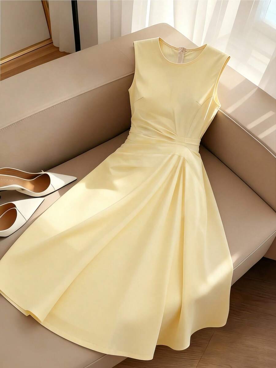 GlowEve Vestido amarillo plisado sin mangas de verano para mujer, vestido elegante - Amarillo - Ver 1