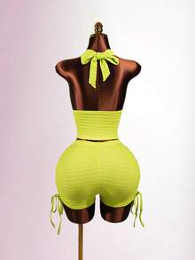 SaltGleam SaltGleam Women's Lime Green Summer 2-Piece Outfit, Draped Neck Metal Buckle Decor Top Drawstring Shorts Set, Fitted Stylish Pool Party Beach Resort Wear Sexy - Green - View 2