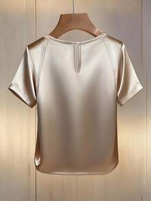 Franclia Women's Elegant Champagne Summer Satin Faux Pearl-Embellished Round Neck Short-Sleeved Top,Shiny Tea Party Shirt,Business Office Wear,Graduation - Champagne - View 2