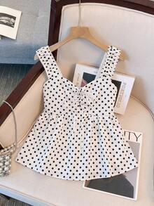 Franclia 女士复古度假风波点印花褶皱系带娃娃衫，夏季 - 白色 - 查看 5