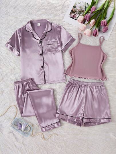Conjunto casual de 4 piezas para el Día de San Valentín: Blusa de manga corta con estampado de lunares negros minimalista en rosa, pantalones, camiseta de tirantes