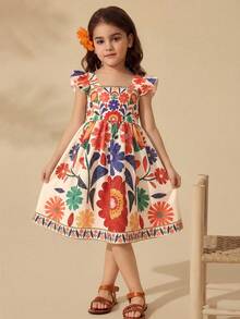 SHEIN Young Girl' Red Floral Pattern Ruffle Hem Casual Dress, Suitable For Outing And Vacation - Apricot - View 4