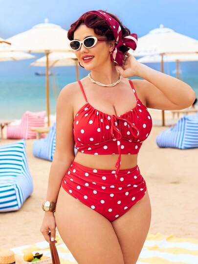 Swim Vcay Conjunto de tankini de 2 piezas con estampado de lunares rojos y plisado, talla grande, para playa, vacaciones de verano, fiesta, elegante traje de baño de mujer para vacaciones