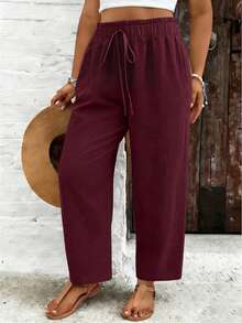 SHEIN VCAY Plus Size Casual Solid Color Drawstring Waist Tapered Pants Fall - Burgundy - View 3