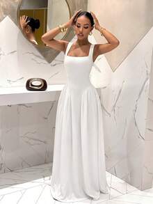 Slaydiva 优雅方领修身连衣裙，白色，适合夏季度假 - 白色 - 查看 5