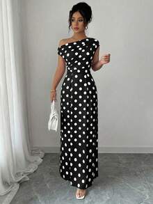 SHEIN Elenzya Đầm chữ A thanh lịch, lãng mạn, bất đối xứng chấm bi, thắt eo, thích hợp cho tiệc trà ngày Valentine. - Nhiều màu - Xem 5