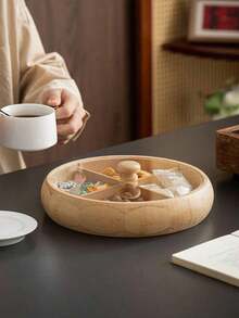 1 Wooden Tray With Dust Cover Design, Divided Into Compartments For Storing Circular Service Plates, Coffee Shop Dessert Trays, Storage Trays, Cake And Snack Plates, Eid Al Fitr, Valentine's Day, Spring Festival - Multicolor - View 5