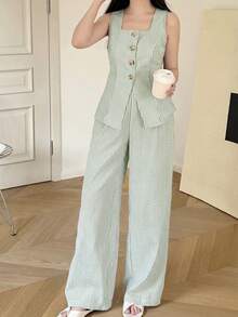 SHEIN Setelan Camisole Kasual Bergaris Biru & Putih untuk Liburan Remaja Perempuan - Mint Green - View 3
