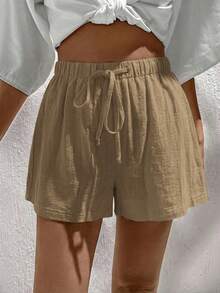 Women's Casual 100% Cotton Woven Shorts, Suitable For Spring/Summer Vacation - Camel - View 3