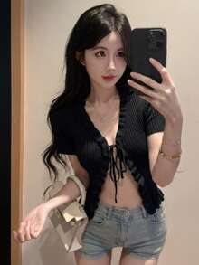 INAWLY Black Korean Style Minimalist Tie-Front Knit Cardigan, Summer Fitted Ribbed Short Sleeve Cropped Sexy Top Tie Front Top Fashion Top Ribbed Knit Top Goth Y2k Tops Short Sleeve Top Genkira Yk2k Tops - Black - View 1