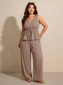 Elaquor Bộ đồ đôi cỡ lớn kiểu dáng thường ngày, họa tiết chấm bi, dáng chữ A, xếp ly và quần ống đứng, thích hợp cho kỳ nghỉ hè. - Nhiều màu - Xem 3