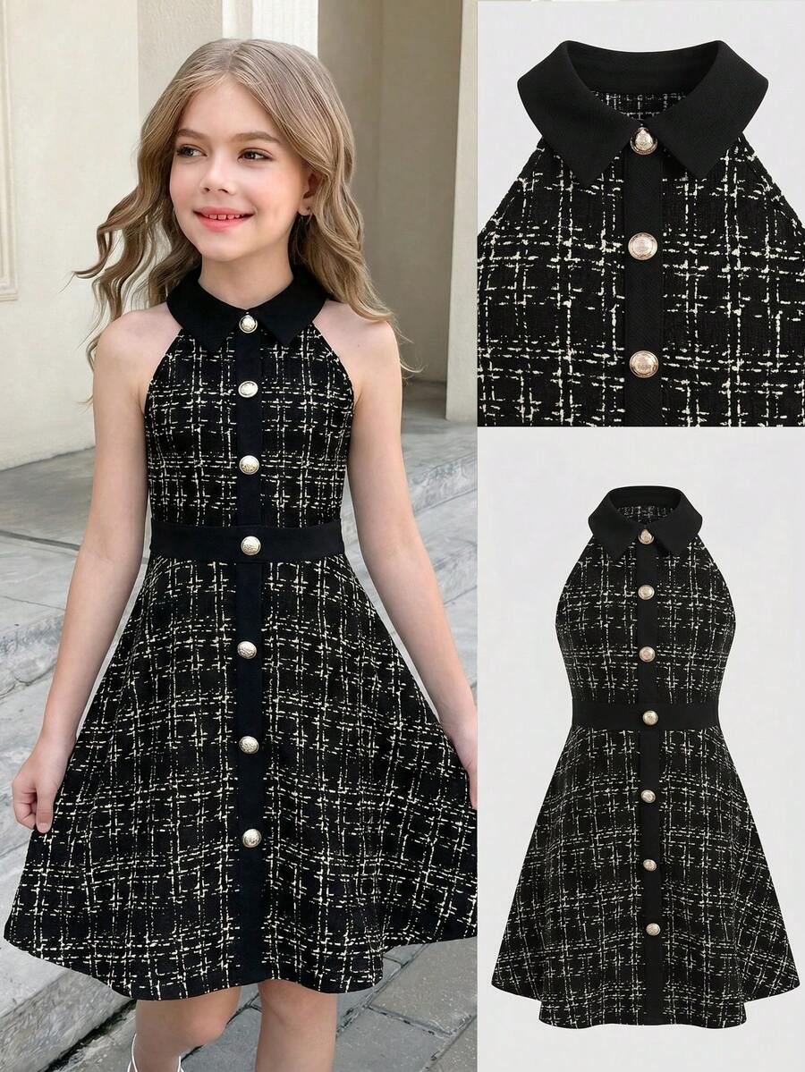 SHEIN 少女时尚优雅短袖格子连衣裙 - 藍色 - 查看 1