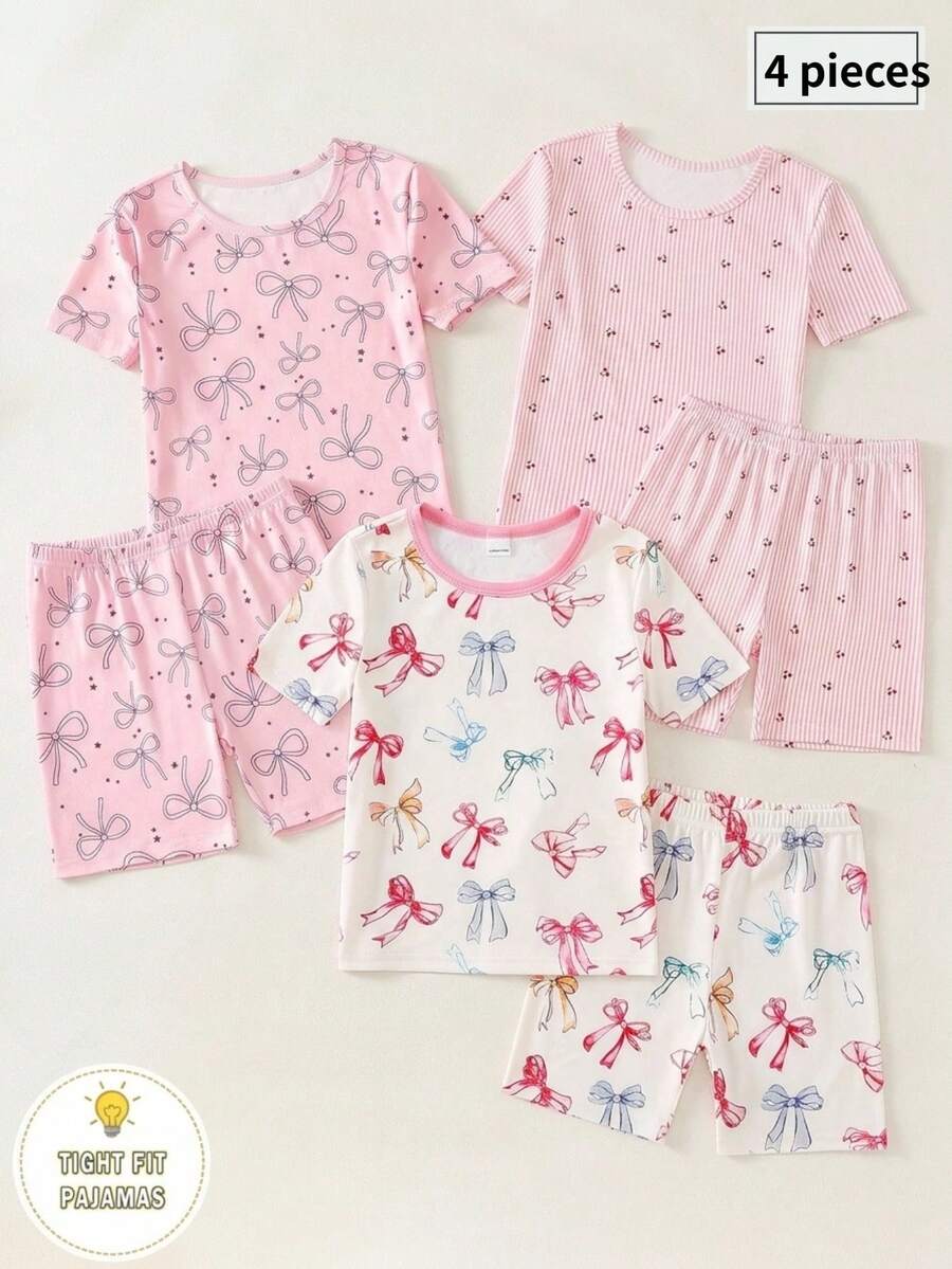 Tween Girl 2-Piece Pajama Set Includes: 1 Bowknot Print Set And 1 Cherry Print Striped Set, Short Sleeve Top And Shorts - Multicolor - View 1
