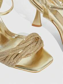CUCCOO SZL Women Shoes Spring And Summer New Rhinestone Woven Design Square Toe Thin Heel High Heel Sandals, Luxury Sparkling Metal Gold, Dinner Party Date Summer Wear - Gold - View 5