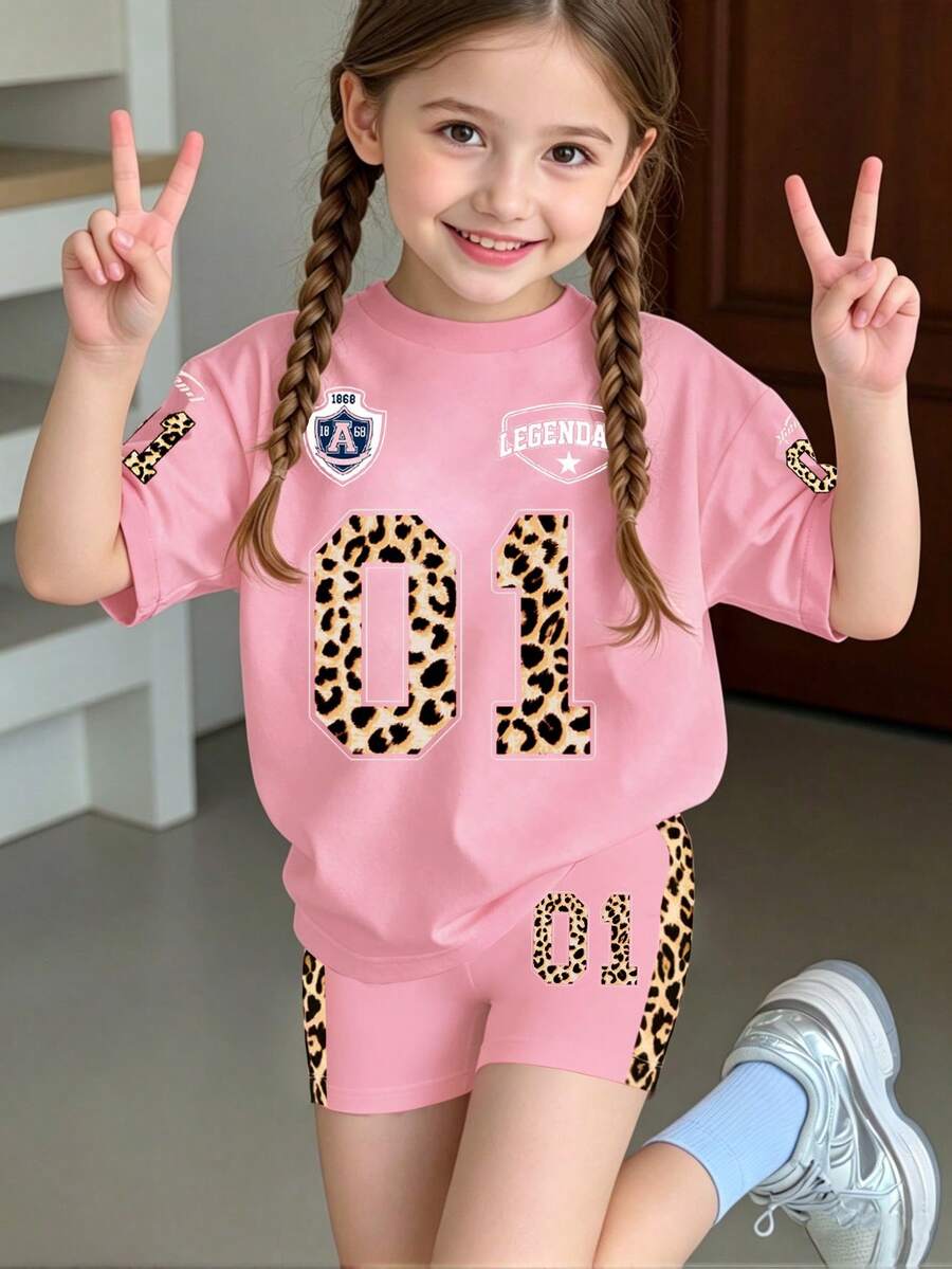 两件套,适合4-7岁女孩,甜美酷炫风格/运动时尚/豹纹数字01+徽章字母圆领短袖T恤+豹纹拼接短裤,轻便个性休闲套装,适合日常穿着、上学、运动、儿童节、春夏秋季。 - 彩色 - 查看 1