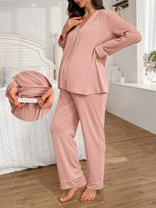 Moonlight&Mama Contrast Color V-Neck Cardigan, Letter Embroidery Long Sleeve & Pants Maternity Lounge Set - Dusty Pink - View 5