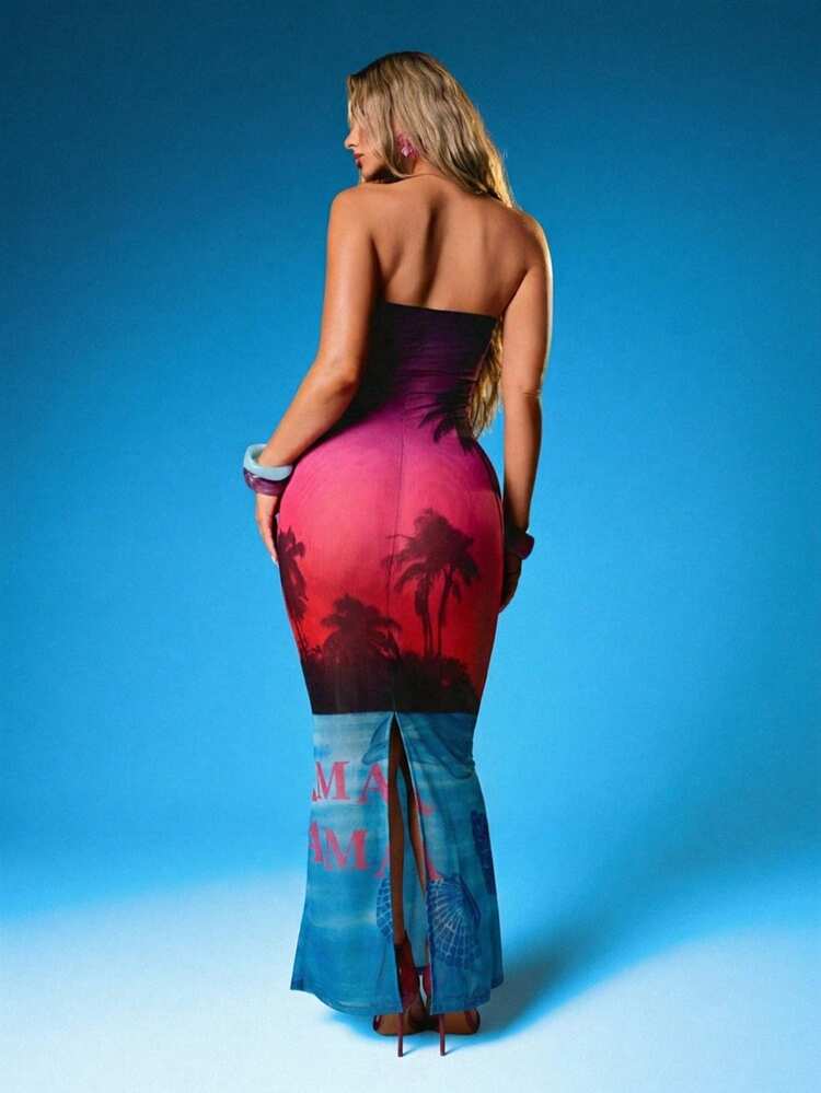 MISSGUIDED Vestido maxi sin tirantes con degradado tropical de puesta de sol, tela de malla, estampado de palmeras y gráficos de la playa de Miami