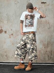 ROMWE MEN Street Life Men's Waffle Texture Portrait T-Shirt - White - View 6