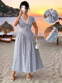 Elenzga Vestido de mujer de talla grande con estilo vintage francés, con estampado de rayas y cerezas, cuello en V, manga corta, cintura ceñida y decoración de lazo, adecuado para primavera/verano, vuelta al colegio, vacaciones, graduación, días festivos, San Valentín, Navidad, festivales de música, Día de la Madre, Halloween, Acción de Gracias, Pascua, Día Nacional, bailes, cumpleaños, citas, fiestas, bodas, actividades al aire libre - Multicolor - Ver 3