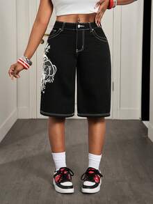 Slaydiva 女士碎花图案口袋休闲宽松七分牛仔裤 - 黑色 - 查看 4