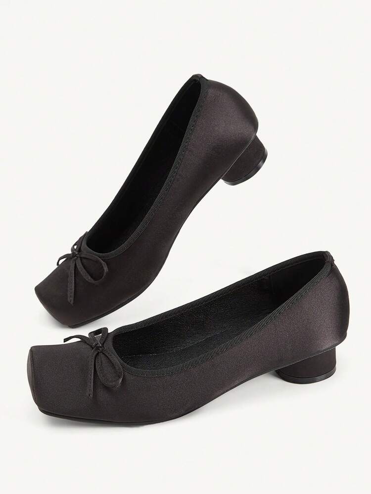 CUCCOO CHICEST Women's Bow Square Toe Block Heel Low Heel Elegant Retro Satin Black Pumps Commute Office Casual Shoes