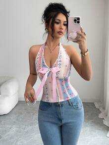 Selianne Women's Blush Pink Summer Boho Vacation Elegant Retro Shirred Fitted Bowknot Decor Print Camisole,Sleeveless Spaghetti Strap Tie Back Top - Pink - View 5