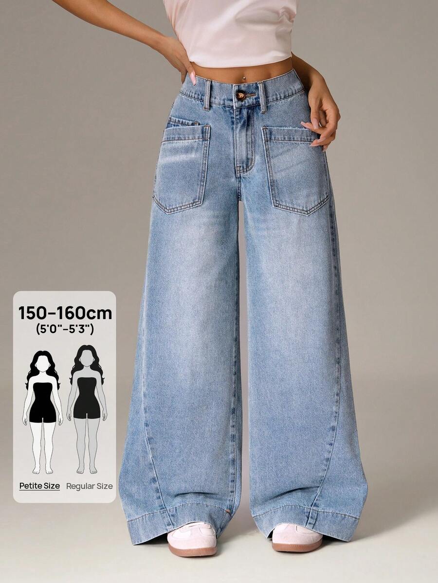 SHEIN PETITE 女士时尚口袋拉链百搭宽松阔腿牛仔裤 - 藍色 - 查看 1