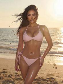 Swim SXY Women's Solid Color Swimsuit Set For Vacation & Beach - Baby Pink - View 4
